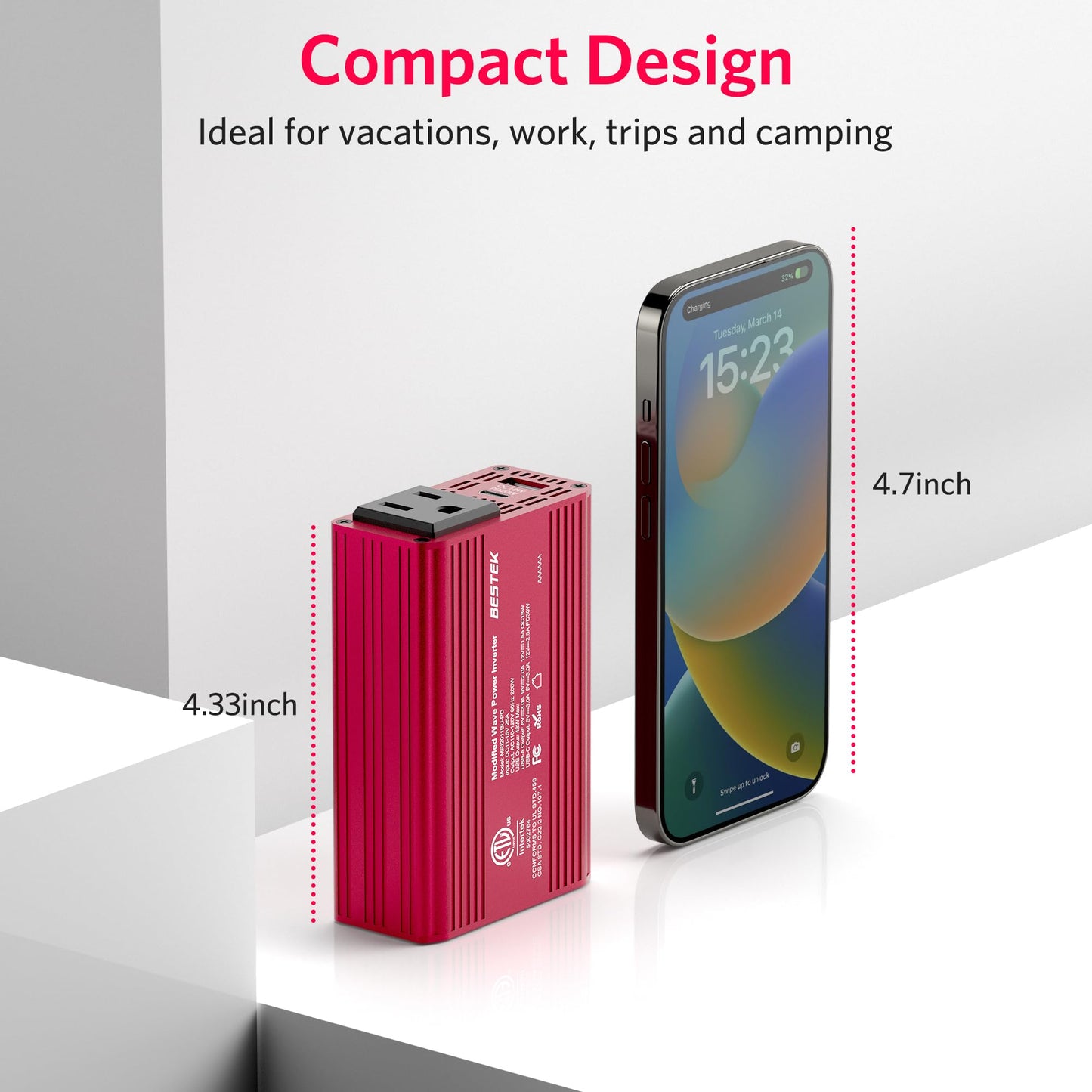 BESTEK 200W Car Power Inverter with Dual USB PD 20W QC 3.0 18W and DC 12V to AC 110V, Car Charger Adapter and Cigarette Lighter Socket