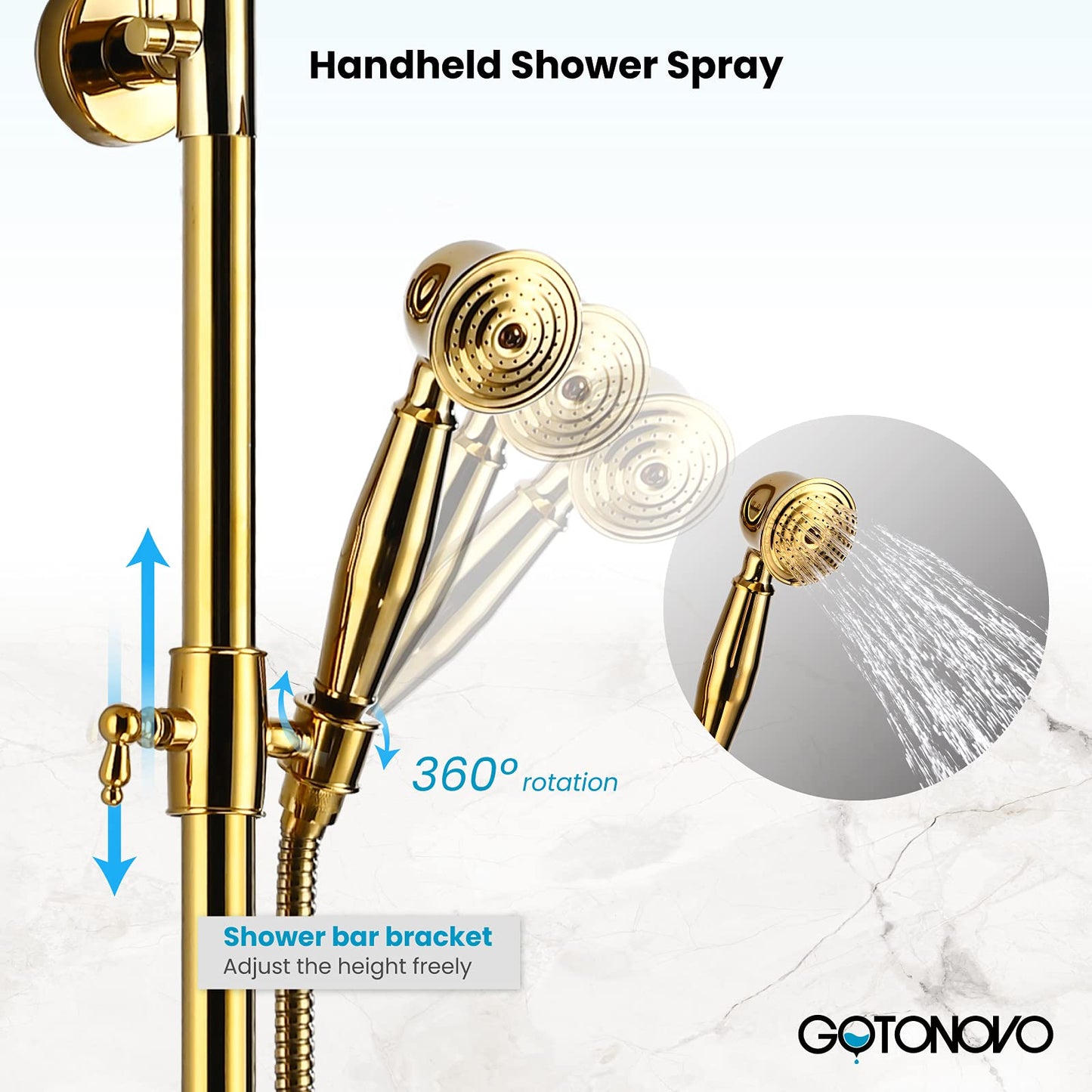 gotonovo Bathroom Shower Faucet Rain Mixer 8 Inch Round Shower Head Double Cross Handle with Tub Spout Wall Mount Bathroom Shower Fixtures 3 Function Metal Handheld Sprayer Polished Gold