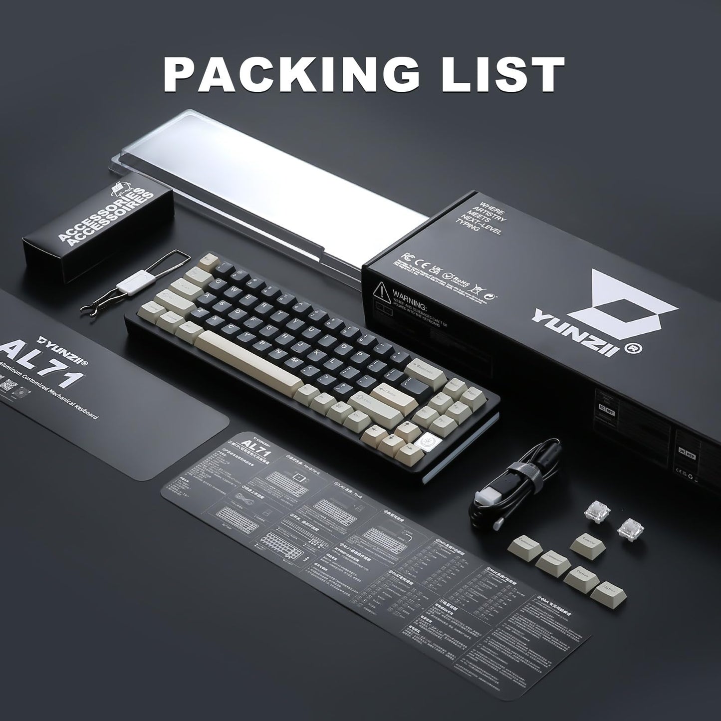 YUNZII AL71 75% Mechanical Keyboard,Full Aluminum CNC,Hot Swappable Gasket,2.4GHz Wireless BT5.0/USB-C Wired,NKRO Programmable RGB Backlight Creamy Typing for Win/Mac(Black,Crystal White Switch)