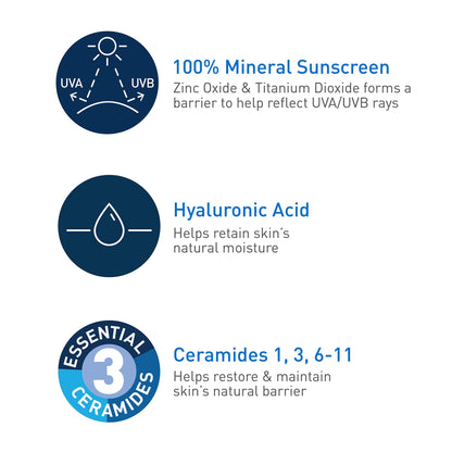 CeraVe 100% Mineral Sunscreen SPF 50 with Zinc Oxide & Titanium Dioxide, Hyaluronic Acid & Ceramides, Oil Free & Non-Greasy, Hydrating Mineral Sunscreen For Body, 5 oz