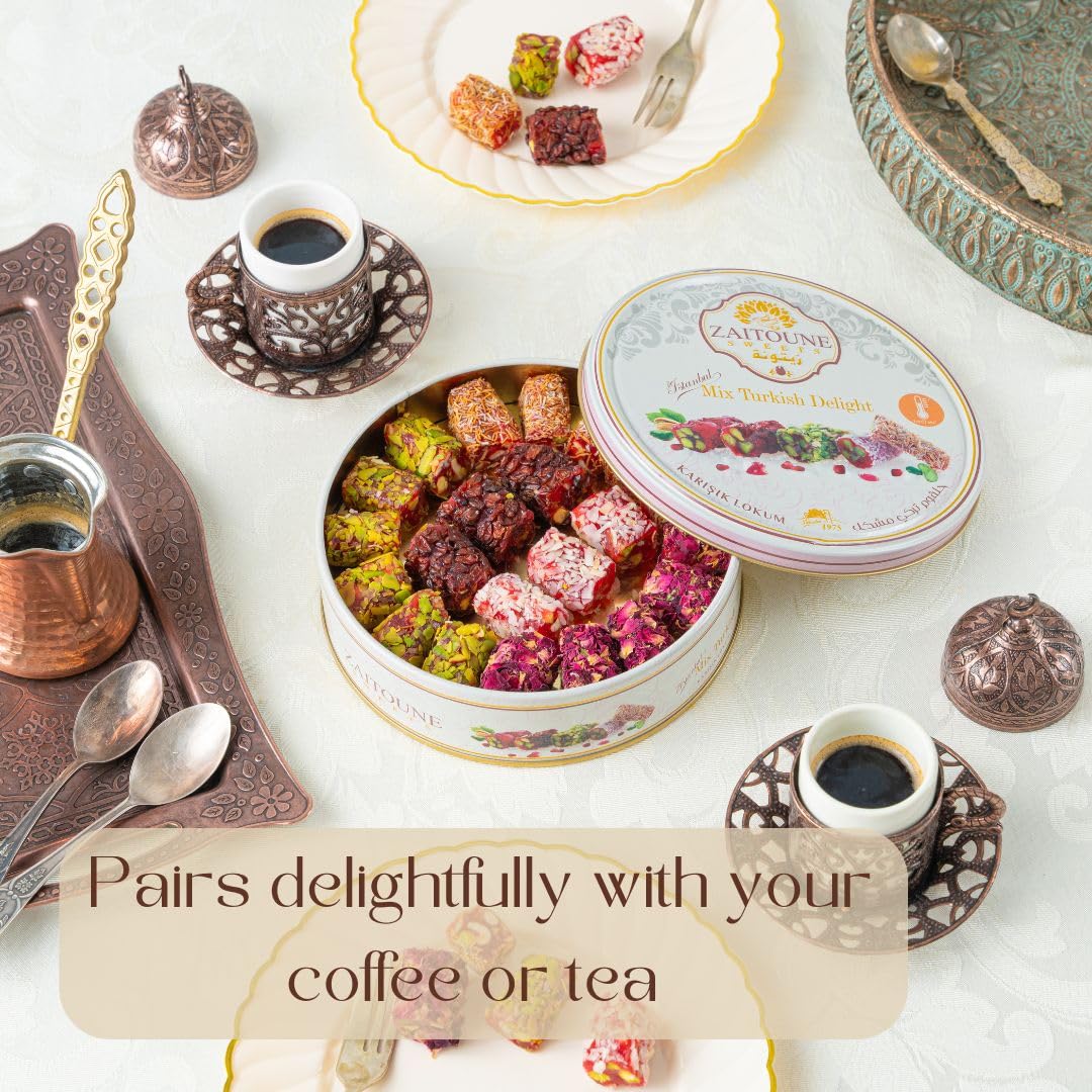 Zaitoune Turkish Delight Mix - 9 oz | Luxury Coatings of Pomegranate, Pistachio, Coconut, Kataifi & Rose | Authentic Lokum Sweet Assortment in a Beautiful Gift Tin | Handmade & Individually Wrapped