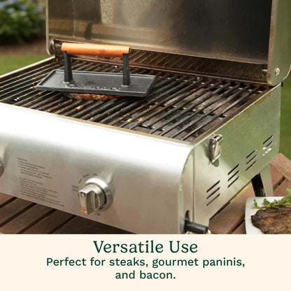 Cuisinart Cast Iron Grill Press with Wooden Handle, Heavy Duty Nonstick Rectangle Burger Press with Wood Handle, Perfect Grill Accessory for Steak, Bacon, Paninis and More
