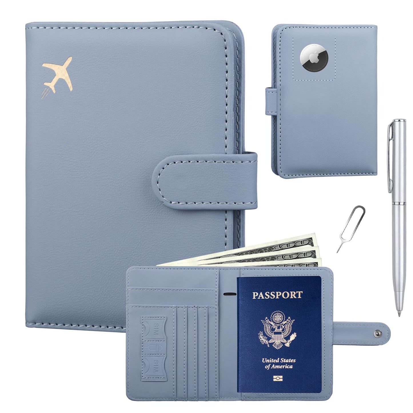 GOAUS Passport Holder for Travel with Airtag Card Slots, Money Pocket, Women Men RFID Blocking Wallet Book Case Blue