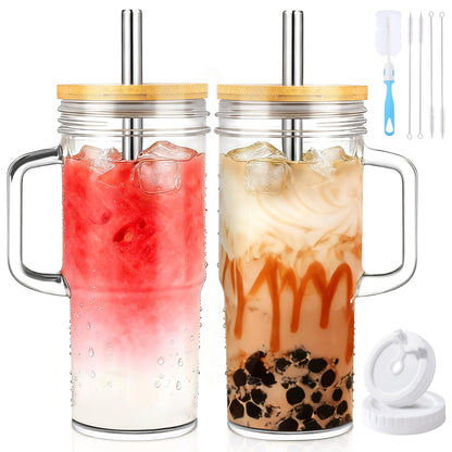 Birity 24oz Glass Cups with Lids and Straws,Glass Tumbler with Handle,2 set–Reusable Glass Ice Coffee Cups with Lid and Straw for Smoothies,Tea,Juice,Boba Cup for Cold & Hot Drinks,Travel Cup
