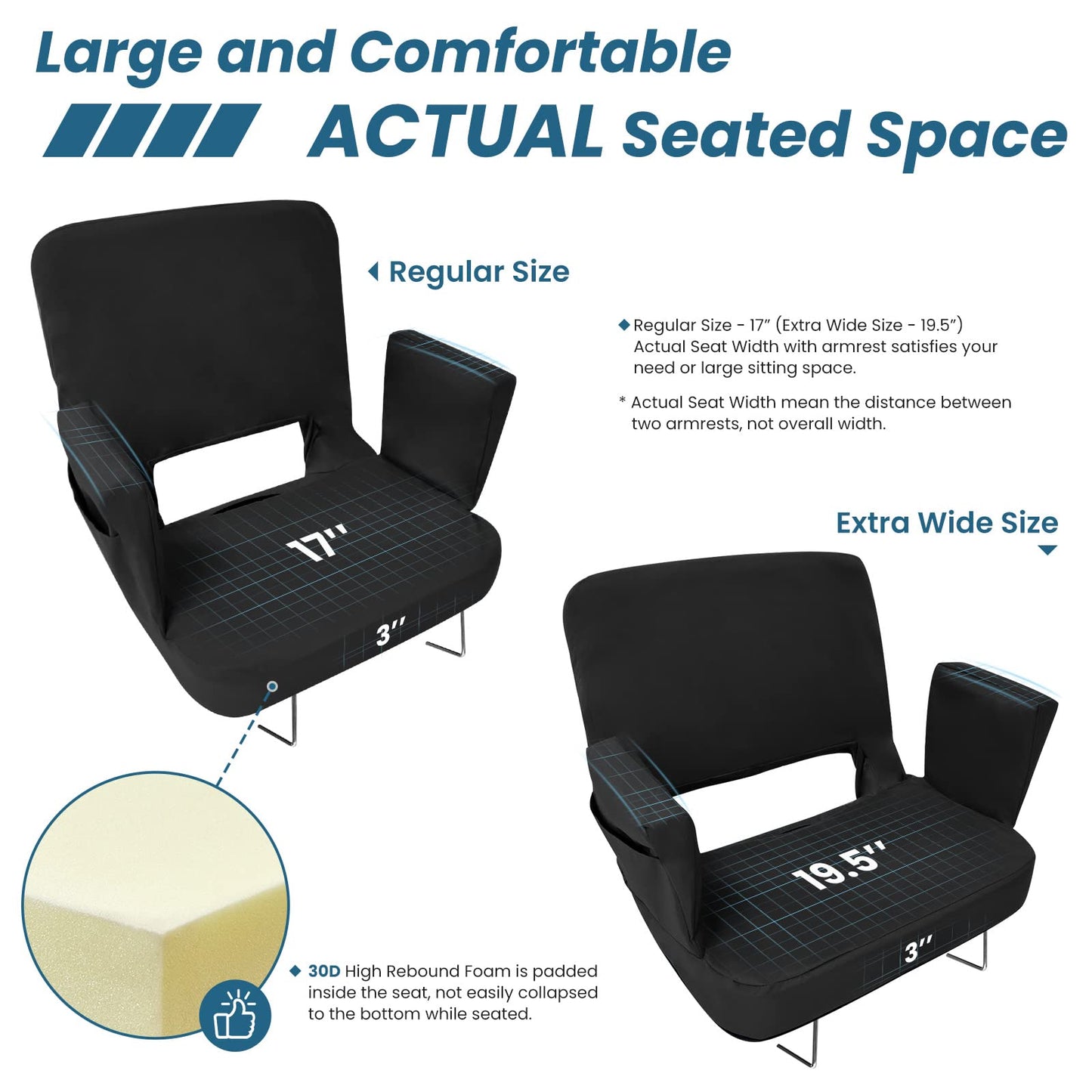 TOPSKY Stadium Seat with Back Support, Regular Size 18.7”Width (Seat 17”), 3 Reclining Positions, Wide Bleacher Seats with 2 Hook, Picnic Seat (Black)