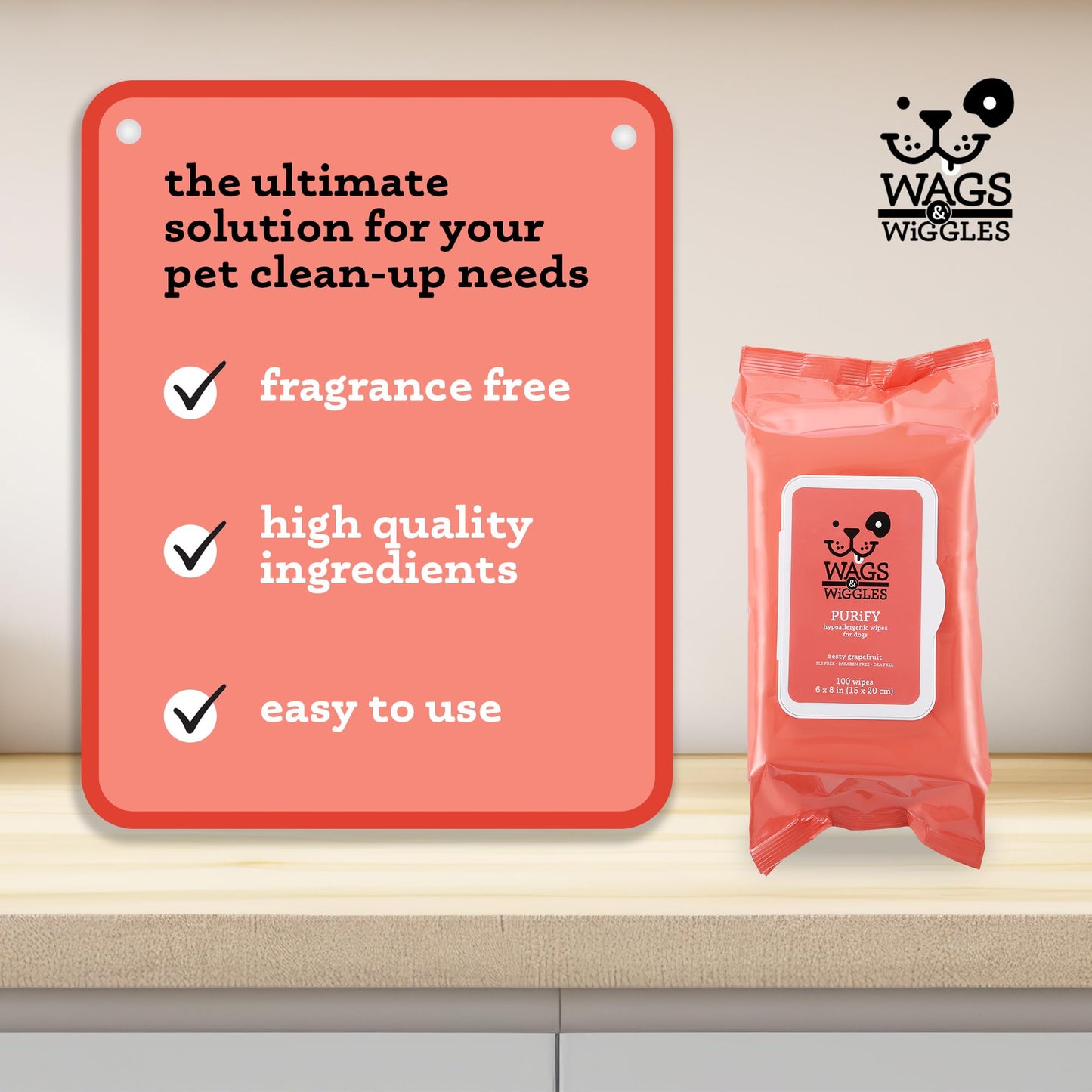 Wags & Wiggles Purify Hypoallergenic Wipes for Dogs, Zesty Grapefruit Scent - Scented Dog Wipes Gently Clean & Condition Your Dog's Coat Without A Bath, 100 Count