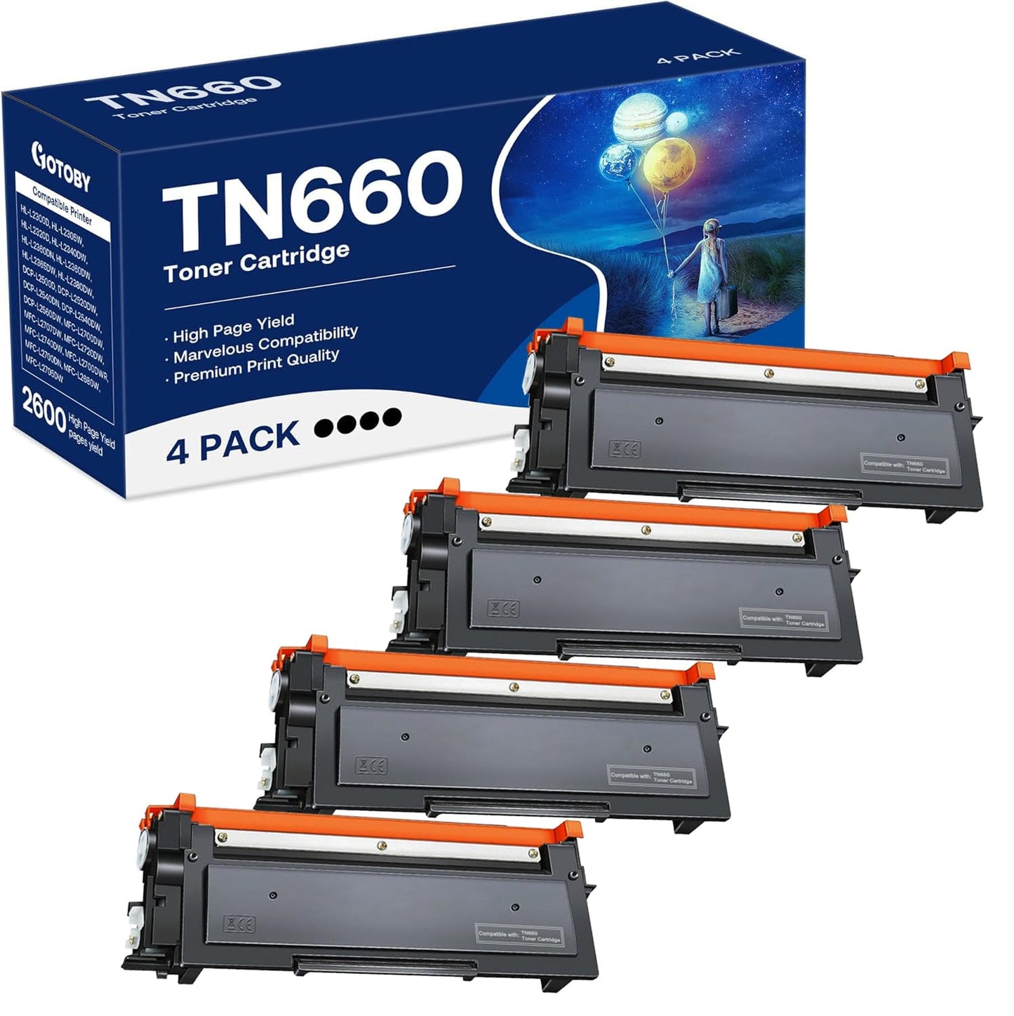 TN660 Toner Cartridge Replacement Compatible for Brother TN 660 TN-660 TN630 High Yield to use with HL-L2380DW HL-L2320D HL-L2340DW DCP-L2540DW MFC-L2700DW MFC-L2720DW Printer (Black, 4 Pack)