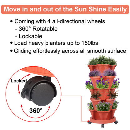 Vertical Planter 5 Tier Stackable Planters Garden Planters Strawberry Herb Flower and Vegetable Planter Indoor Outdoor Gardening Pots with Removable Wheels and Tools