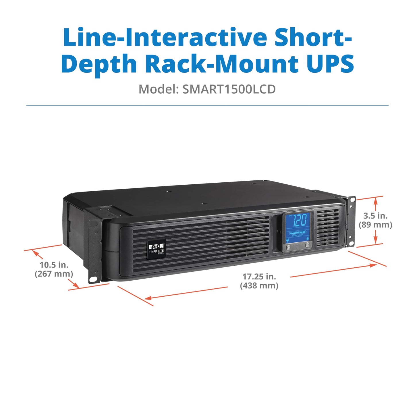 Tripp Lite SMART1500LCD 1500VA Rack Mount UPS Battery Backup, 900W, 8 Outlets, PWM Sine Wave, Short Depth 2U Rackmount UPS, AVR, LCD Screen