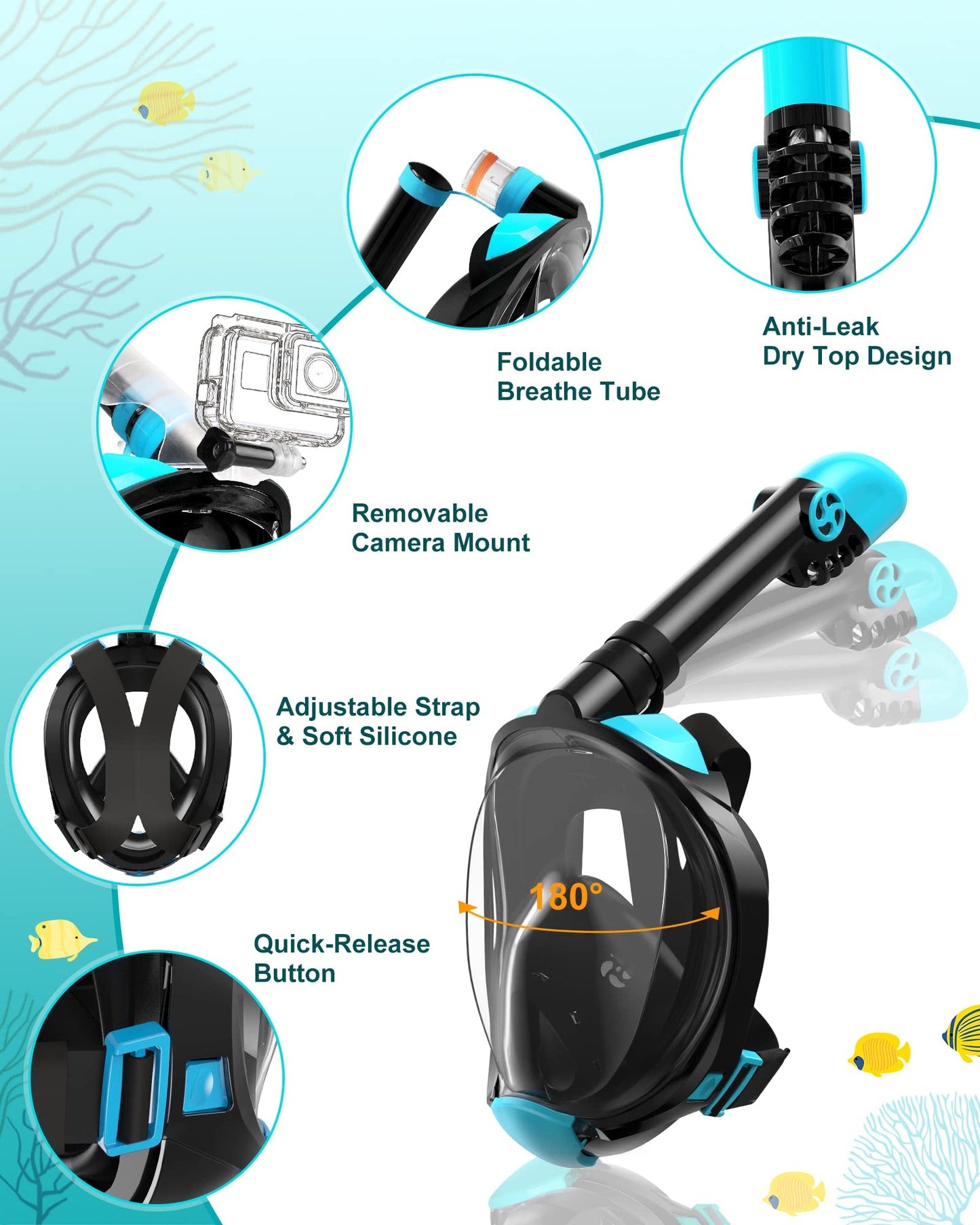 Viginsul Mask Fins Snorkeling Gear for Adults, Full Face Snorkel Mask & Adjustable Swim Fins Snorkel Set, Panoramic View Snorkel Mask Dry Top Anti-Fog Anti-Leak