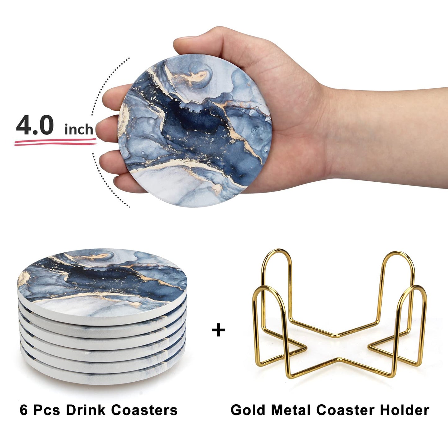 6 Pcs Navy Blue Marble Abstract Ceramic Coasters with Holder Best Absorbent Drink Coasters Round Ceramic Table Coasters Set Decorative Coffee Cup Beverage Coasters Wine Beer Bar Coasters