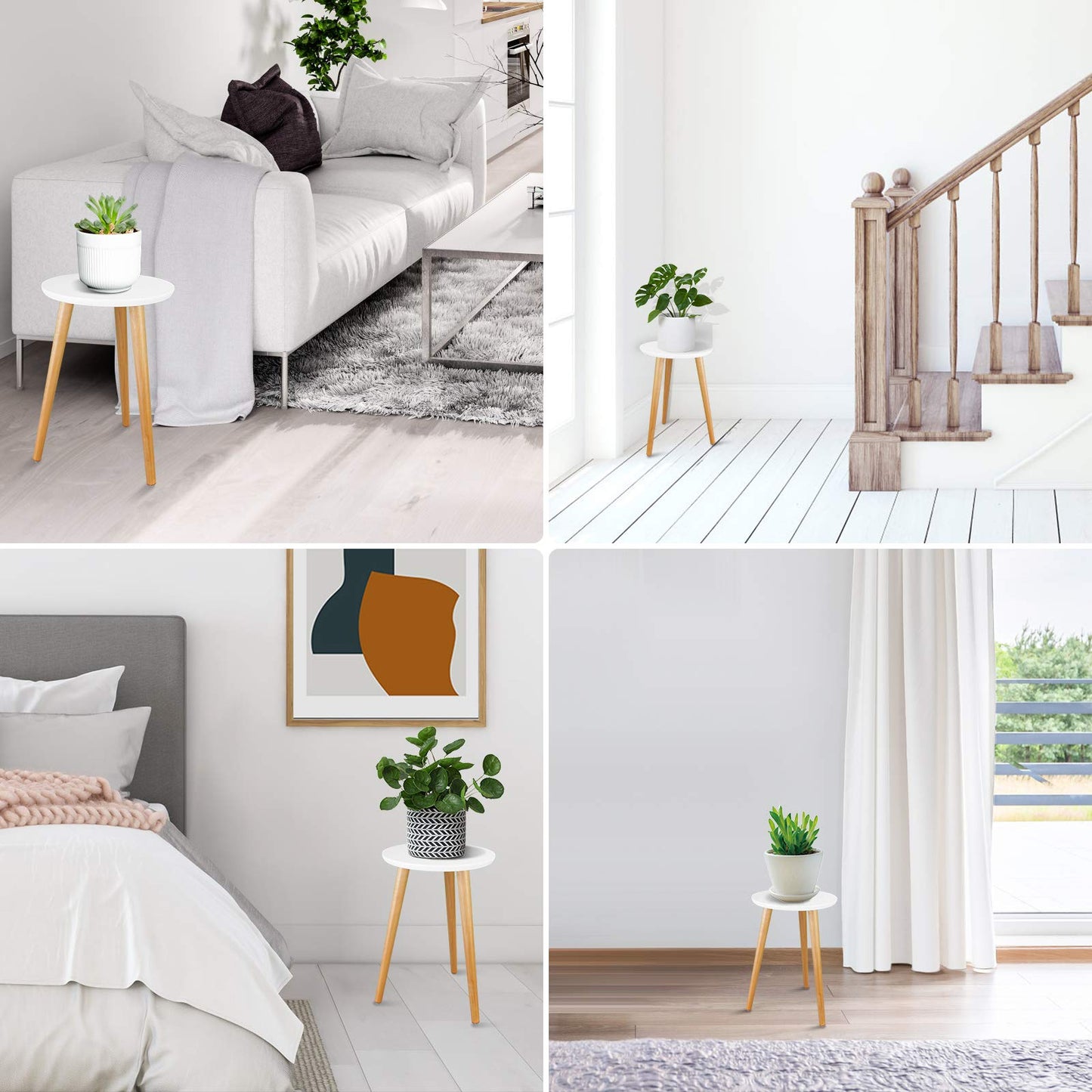 Uneedem Wood Mid Century Plant Stand for Indoor Plants, Modern Table, Tall Holder for Flower Pots, Small Round Side/End Table(A2 White, High: 16.5")