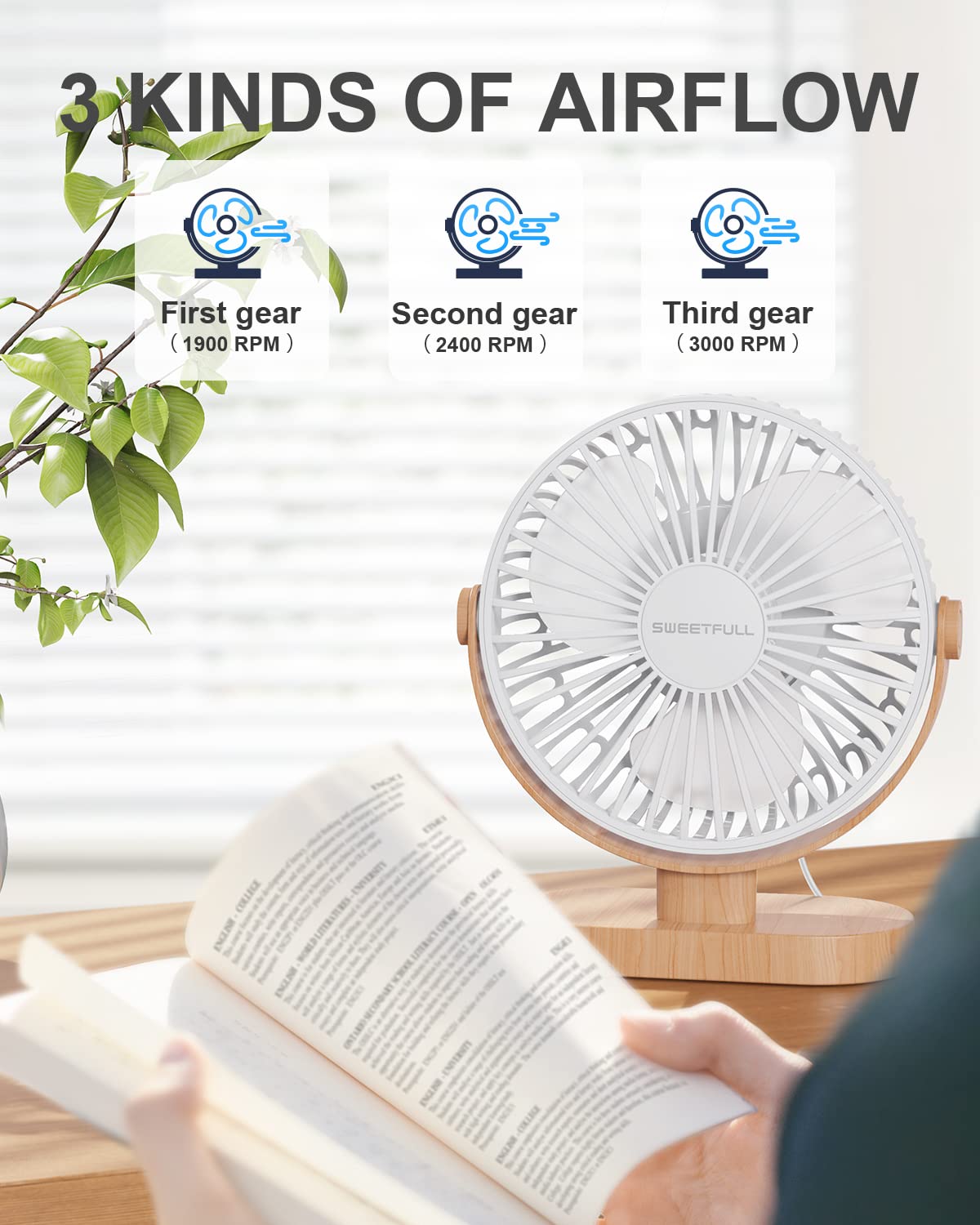 SWEETFULL Small USB Desk Fan 6.5 Inch, 3 Speeds Portable Personal Desktop Table Fan, Dual 360° Adjustment Mini Fan, Quiet Operation, for Home Office Car Outdoor Travel (White wood grain)