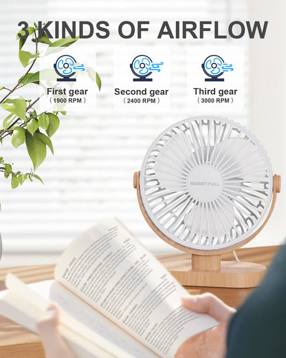 SWEETFULL Small USB Desk Fan 6.5 Inch, 3 Speeds Portable Personal Desktop Table Fan, Dual 360° Adjustment Mini Fan, Quiet Operation, for Home Office Car Outdoor Travel (White wood grain)