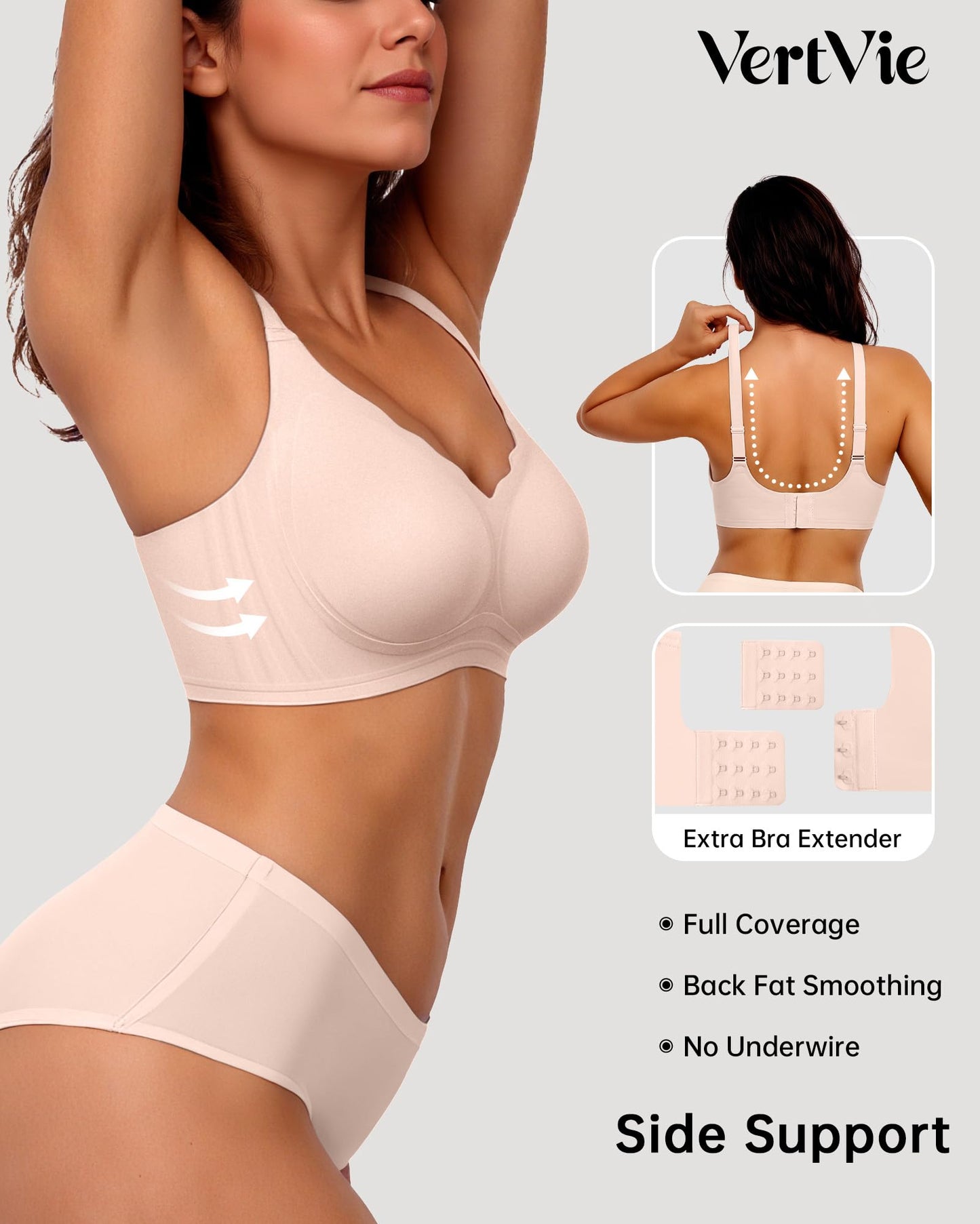 Vertvie Womens Seamless Bras No Underwire Supportive Wireless Push Up Full Coverage Bralette Comfort Scalloped T-Shirt Bra(Skin,Medium)