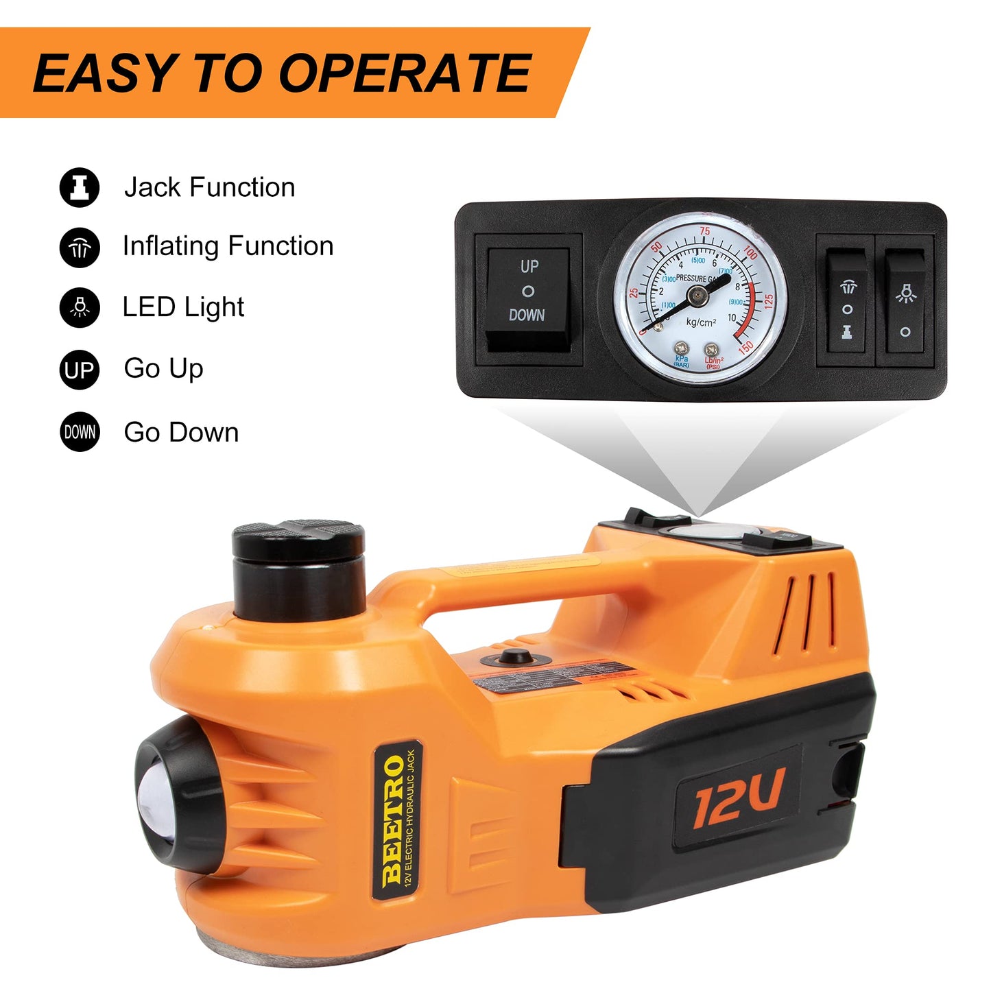 BEETRO 3 in 1 Electric Hydraulic Car Jack with Tire Inflator Pump, 5T(11000 lbs) Electric Car Floor Jack, DC 12V Electric Car Jack for an Emergency Tire Change,Lifting Range 6-17.7 inch