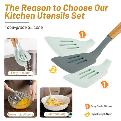 QMVESS Silicone Kitchen Utensils Set, 35 Pcs Non-Stick Cooking Utensils Set, Sturdy Insulation Wooden Handle Kitchen Accessories for Cooking with Spatula Set and Spoons Set Gadgets (Light Green)
