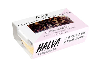 Emirelli Artisanal Halva Dessert – Authentic Middle Eastern Candy Turkish Sweets – Vegan Candy 55%-Tahini Halwa - Halvah Traditional International Sweets - Rose Water and Rose Petal Flavor, Pack of 1