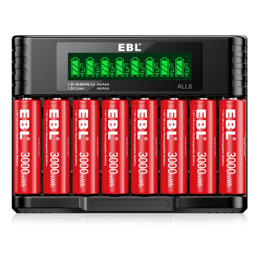 EBL 8 Pack Rechargeable Lithium AA Batteries, 1.5V 3000mWh Double a Batteries Long Lasting AA Li-ion Battery (8AA with Charger)