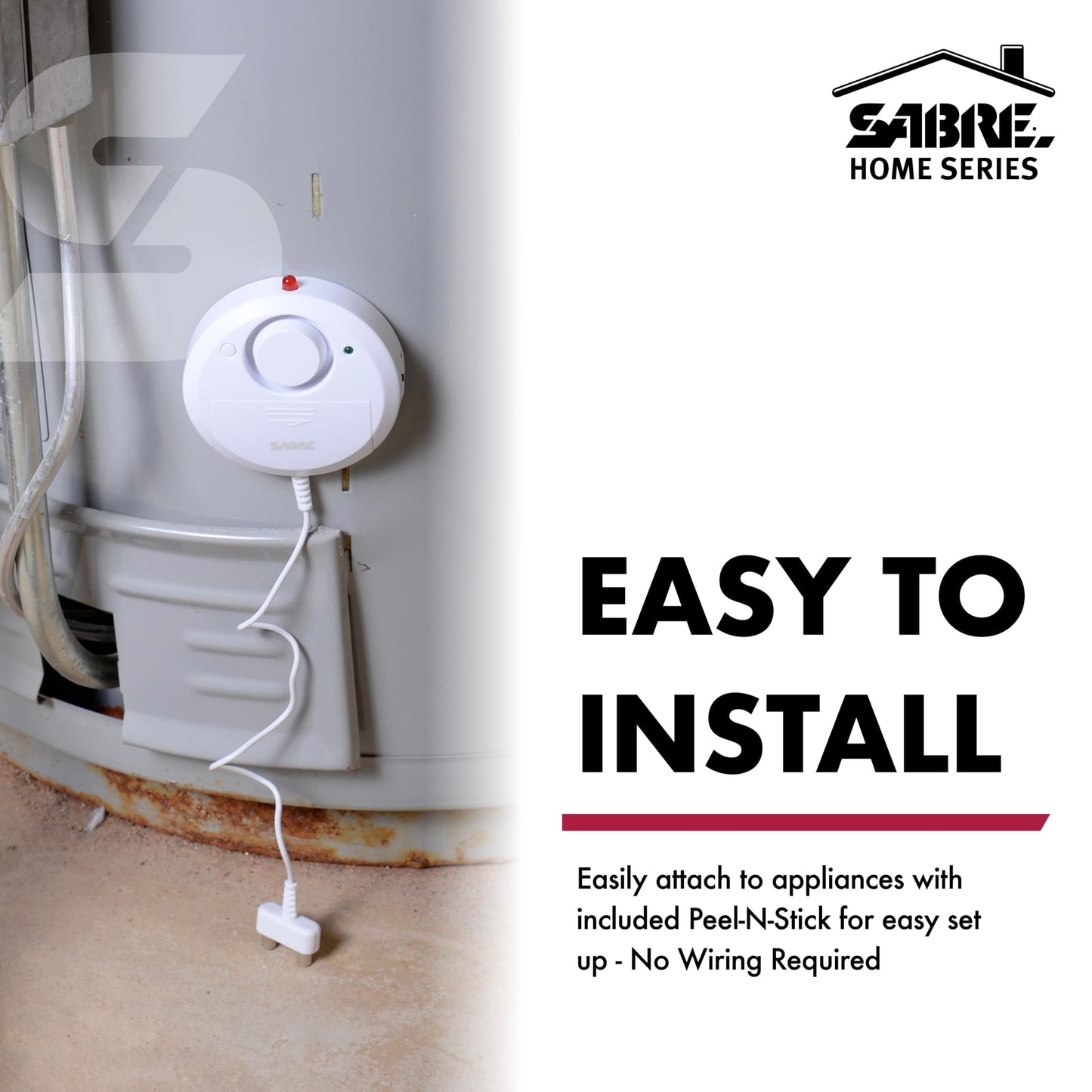 SABRE Water Leakage Alarm, 110 dB Alarm, Audible Up To 1,500-Feet (457-Meters), All Direction Water Sensor, High and Low Volume Settings, Battery Test Button