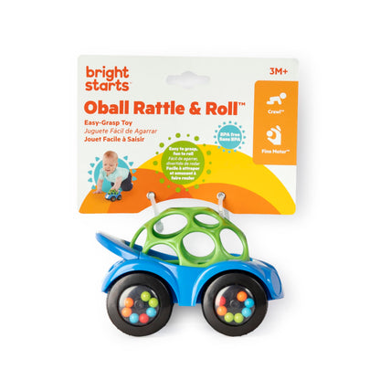 Bright Starts Oball Easy Grasp Rattle & Roll Toy Sports Car BPA-Free Infant Crawling Toy, 1 Pack, Age 3 Months and up, Blue/Green