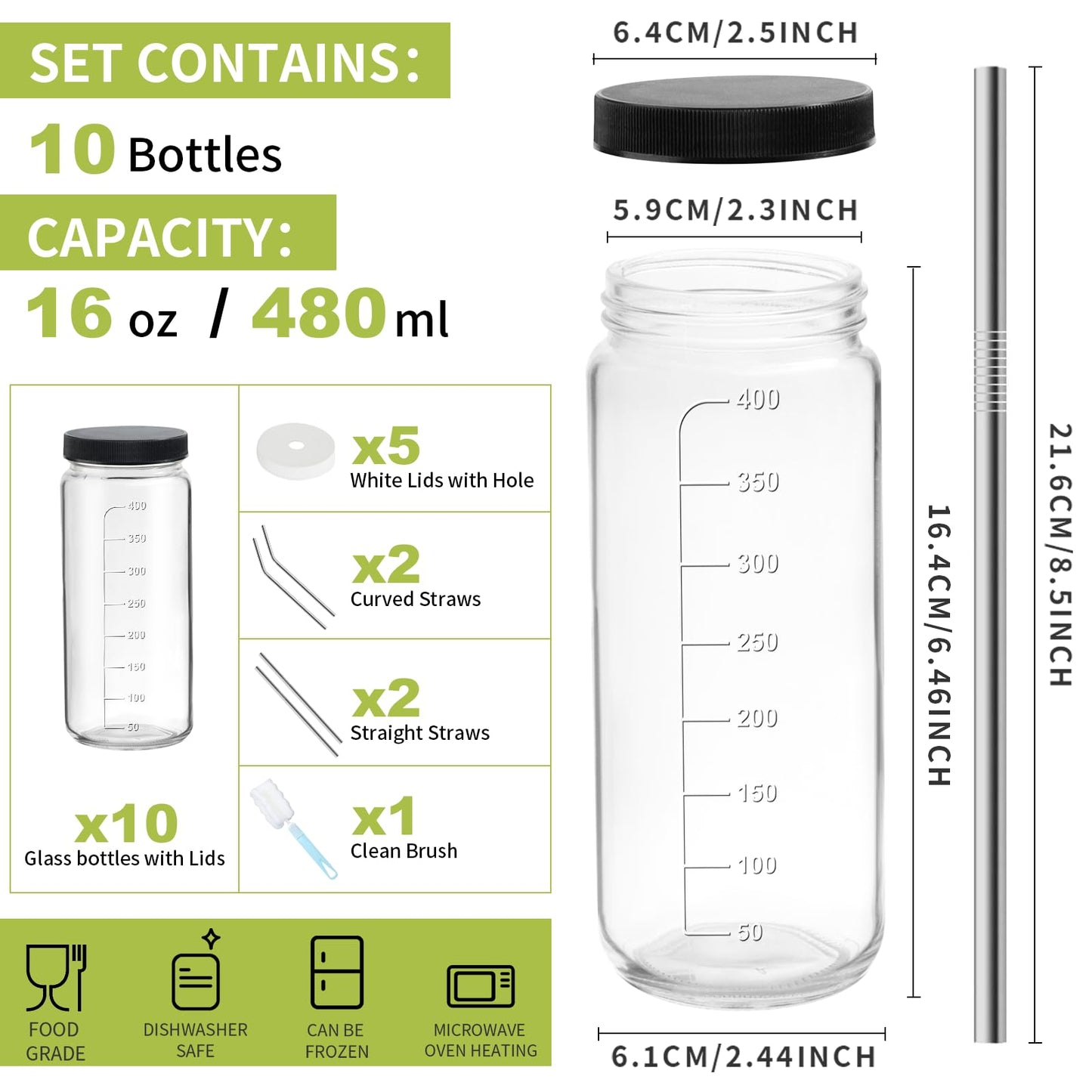 Ruckae 16oz 10 Pack Juice Bottles, Glass Bottles with Lids, Smoothie Cup Lids and Straws, Water Bottle Mason Jar Drinking Glasses for Juicing, Smoothies, Kombucha