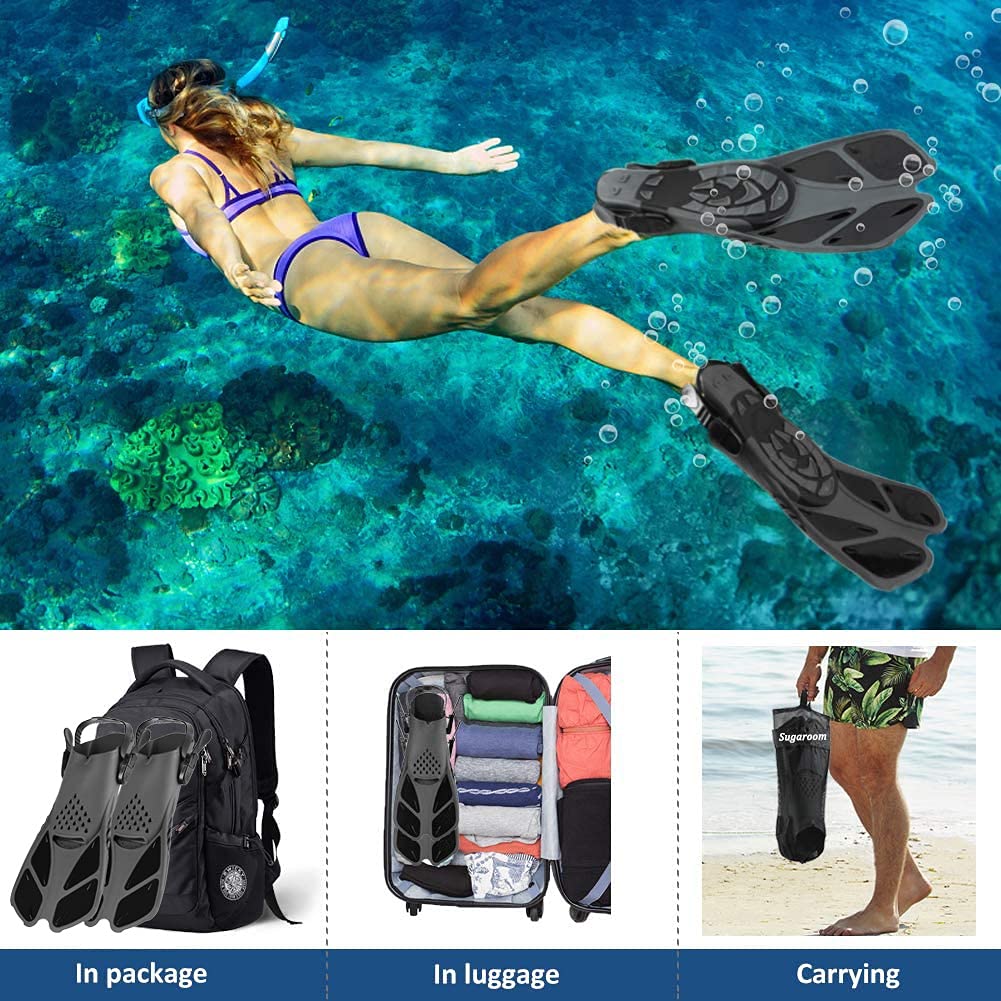 Snorkel Fins, Swim Fins with Adjustable Buckles, Open Heel, Travel Size Short Flippers for Snorkeling, Swimming and Scuba Diving, Light Diving Fins with Mesh Bag for Adult Men Women Kids