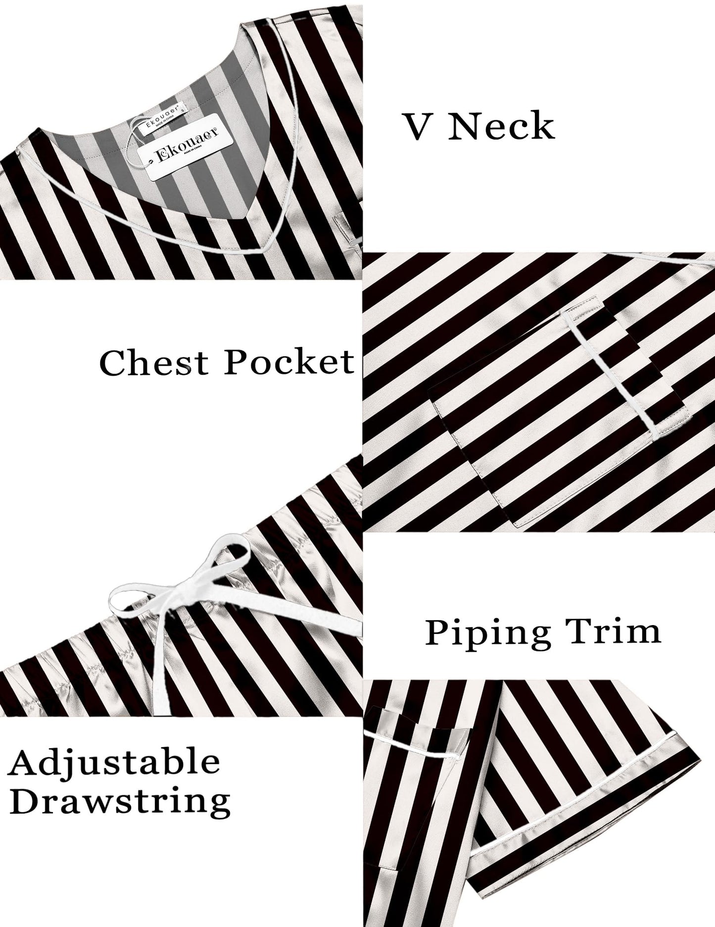 Ekouaer Silk Pajama for Women Short Sleeve Satin Pj Set Two Piece Soft Sleepwear Loungewear Casual Pjs for Summer Black-Champagne Stripes L