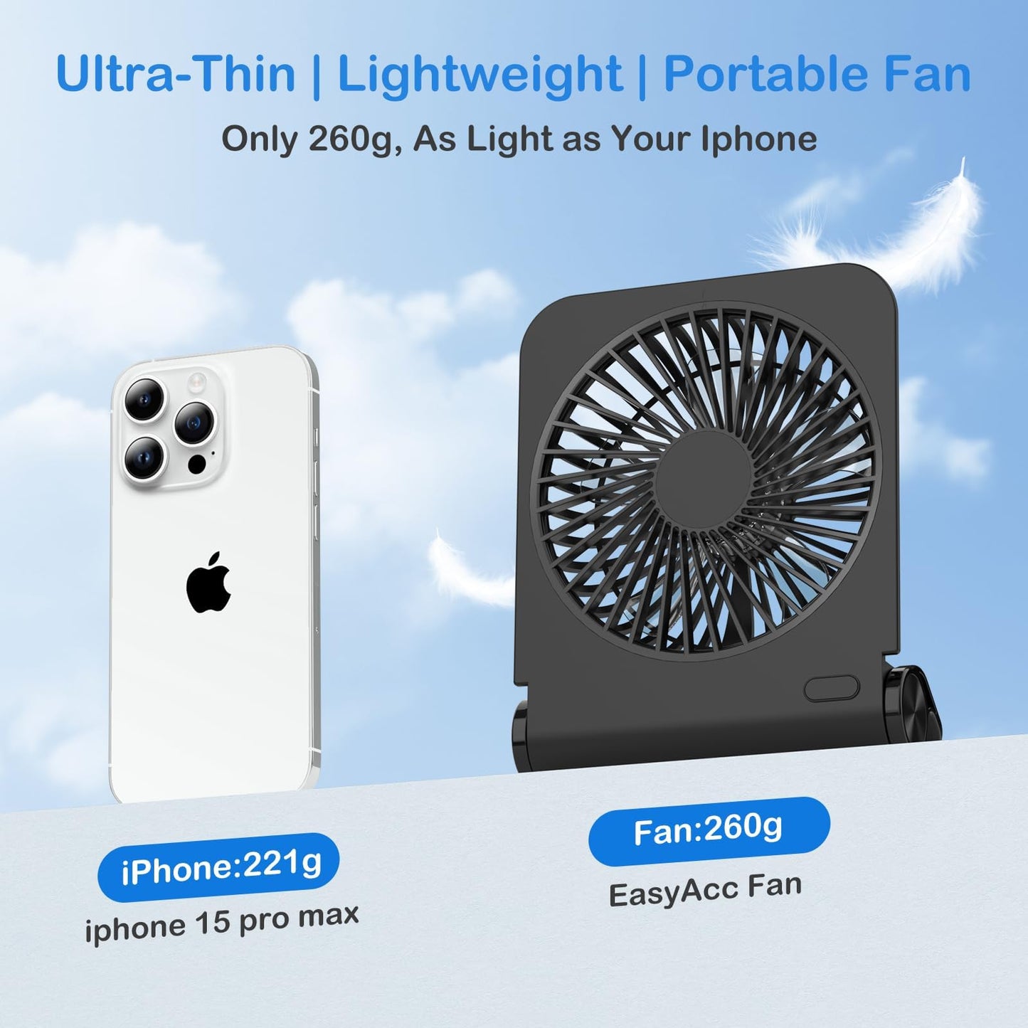 EasyAcc Small Desk Fan Personal Fan, 2000mAh Battery Quiet Mini Desktop Fan Portable Rechargeable Fan for Cruise, Travel Office Pet Cooling Hot Flashes Travel Essentials
