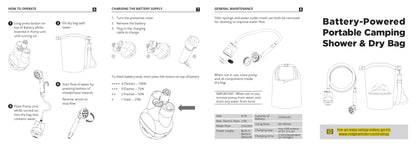 Ridgewinder Portable Shower for Camping with Dry Bag - Camp Shower with Rechargeable Battery and Included 10L Dry Bag for Water Storage. Complete Camping Shower in a Bag (+Sprayer Attachment).