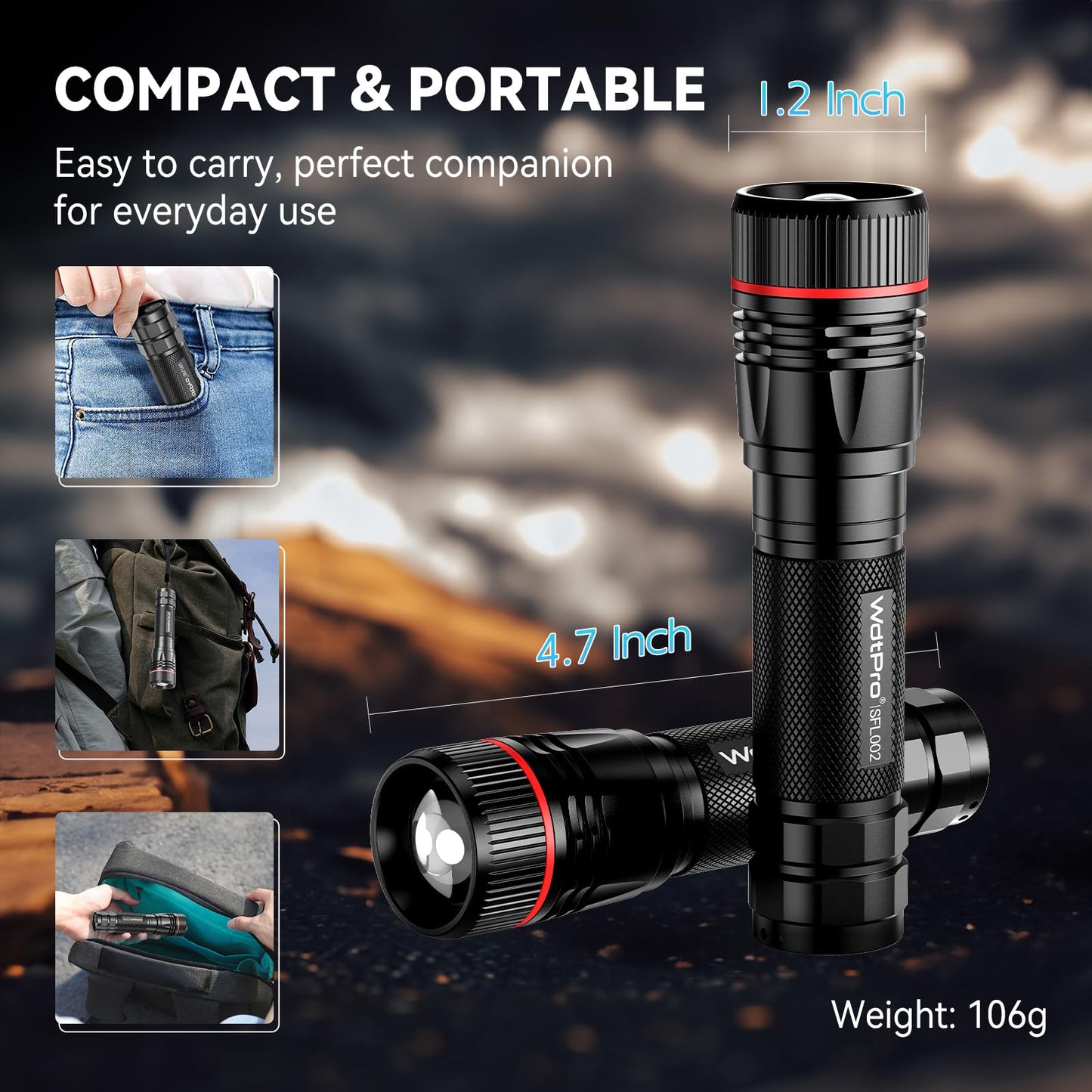 WdtPro Rechargeable Flashlights High Lumens, 2 Pack 10H Long Lasting Super Bright EDC Flashlight, LED Mini Tactical Flash Lights for Camping Emergency, Drop & Water Resistant (Battery Included)