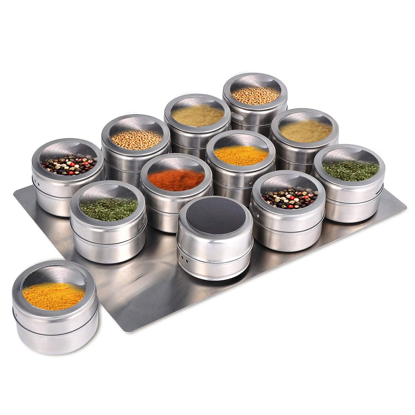 Upgrade Magnetic Spice Jars 12pcs with Wall Mounted,Stainless Steel Spice Tins with Lid and Small Holes for Sprinkle Rust Free Easy to Clean Includes 94 Labeling Stickers by Beeyoka