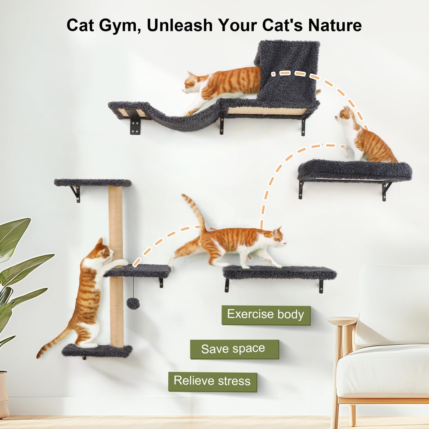 FUKUMARU Cat Wall Shelves, Stable & Safe 4 in 1 Cat Furniture Set, Wooden Climbing Wall with Scratching Post for 16 Inch Drywall - Gray