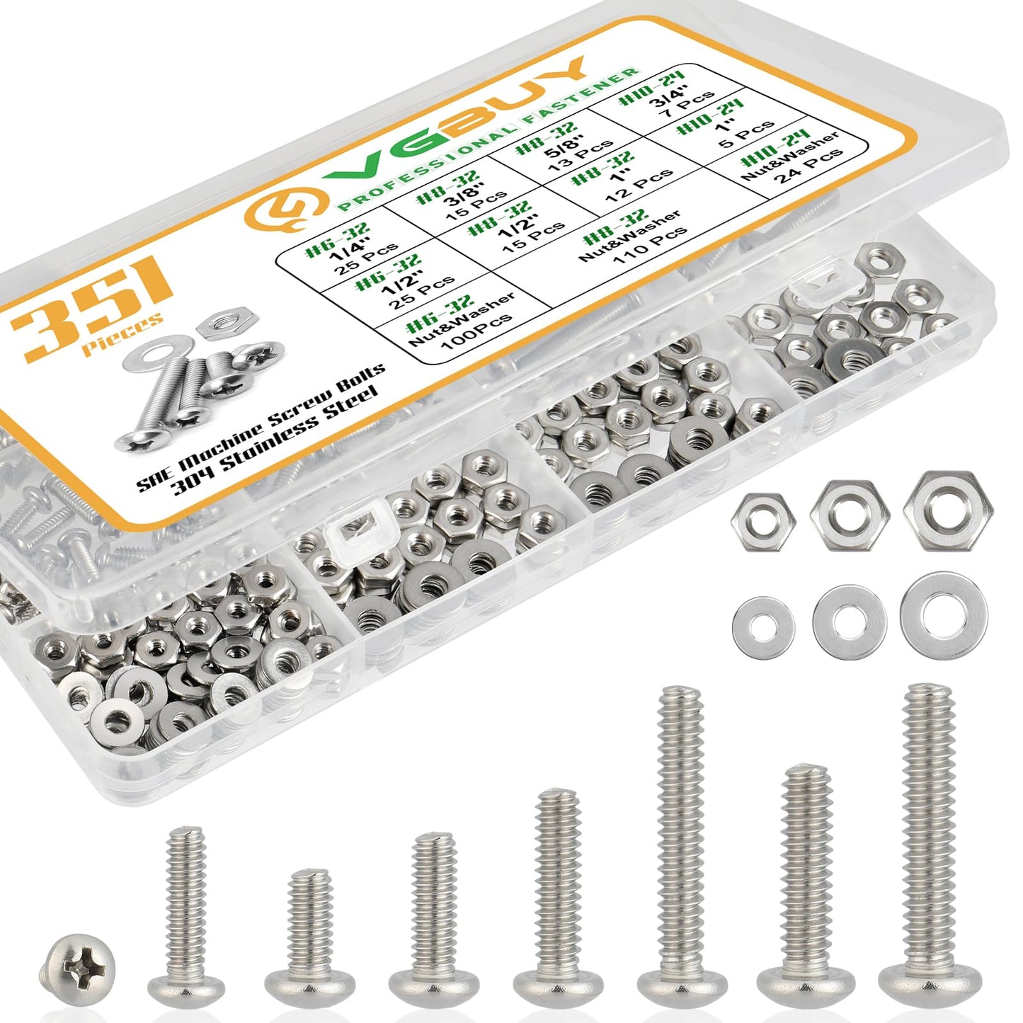 VGBUY 351Pcs Machine Screws Nuts and Bolts Assortment Kit, # 6-32# 8-32# 10-24 Phillips Pan Head Assorted 304 Stainless Steel Bolts Nuts Flat Washers Bolts with Case