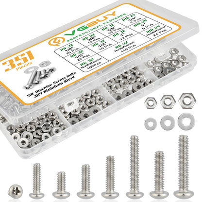 VGBUY 351Pcs Machine Screws Nuts and Bolts Assortment Kit, # 6-32# 8-32# 10-24 Phillips Pan Head Assorted 304 Stainless Steel Bolts Nuts Flat Washers Bolts with Case