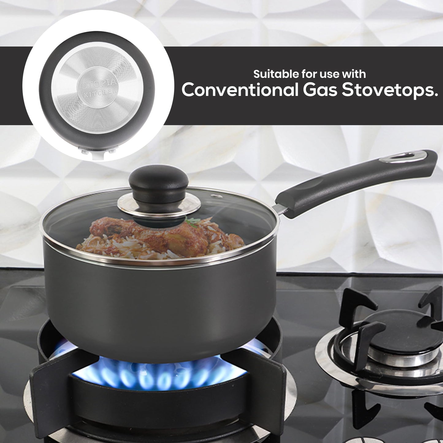 Utopia Kitchen Nonstick Saucepan Set, Cooking Pots with Lids, 1 Quart and 2 Quarts Multipurpose Kitchen Small Pots for Cooking Nonstick With Lids, 1 qt & 2 qt Set, Grey & Black