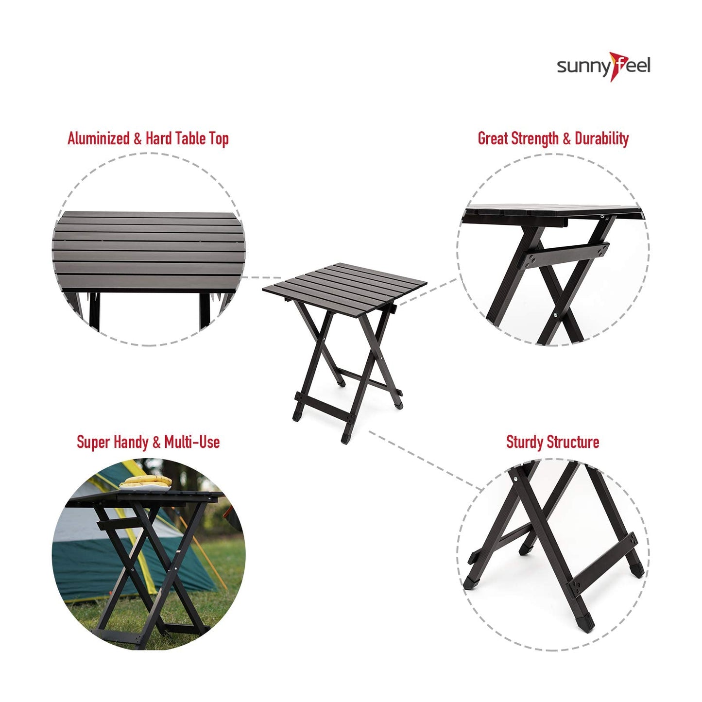 SUNNYFEEL Folding Camping Table - Lightweight Aluminum Portable Picnic Table, 18.5x18.5x24.5 Inch for Cooking, Beach, Hiking, Travel, Fishing, BBQ, Indoor Outdoor Small Foldable Camp Tables