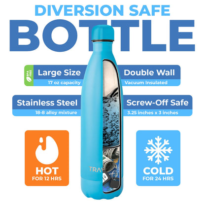 Travah Stainless Steel Diversion Water Bottle with Hidden Storage for Valuables - Insulated, Leakproof and BPA Free - 17oz (Light Blue)