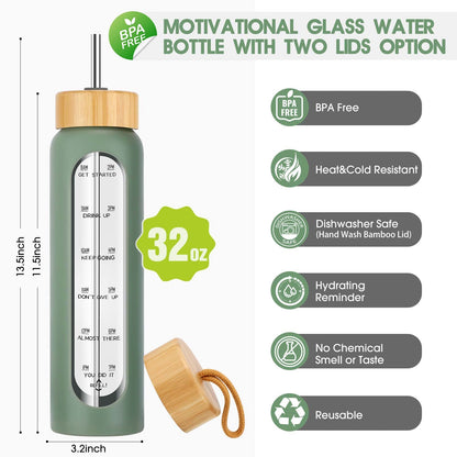 SipZest 32 oz Glass Water Bottles with Straw - Motivational Bottle with Time Marker & Silicone Sleeve - Reusable Tumbler Includes 2 Bamboo Lids & Fruit Infuser - 1 Pack