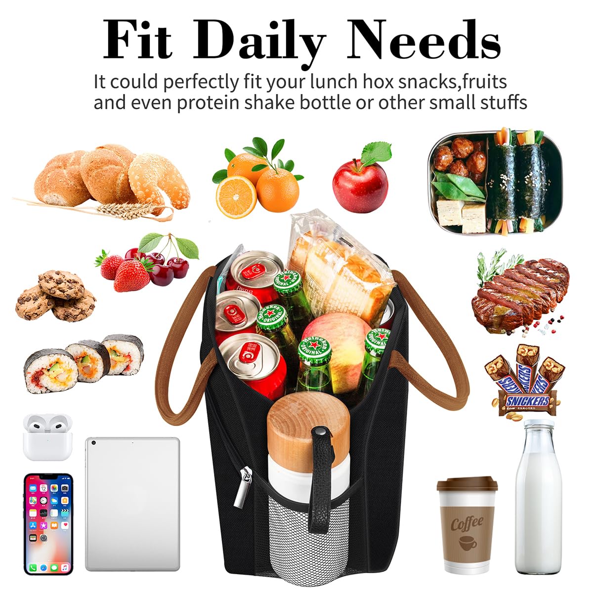 Coobiiya Lunch Box Lunch Bag for Women Adults Men, Reusable Cute Lunch Pail bag - Leakproof, Insulated Lunch Box Tote with Large Capacity, Cooler Lunch Container for Work/Travel/Office (Black)