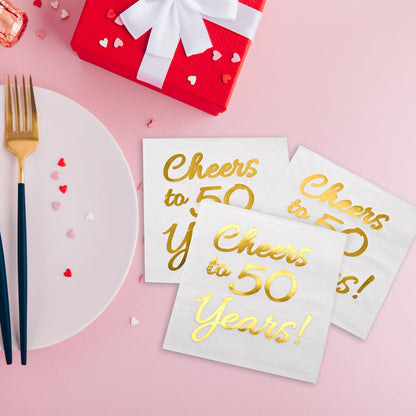 50th Birthday Decorations Men Women Party Supplies Cocktail Napkins Disposable 50th Birthday Wedding Anniversary Party Napkins Paper Beverage Napkins 50 Pack,5"x 5",Cheers to 50 Years White and Gold