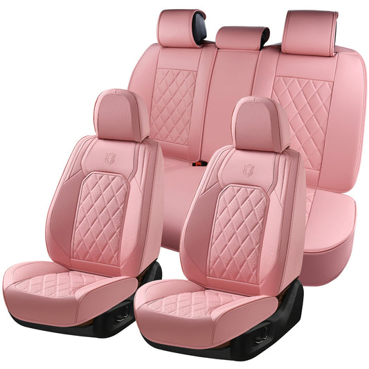 Coverado Car Seat Covers Full Set, Pink Leather Seat Covers for Cars, Universal Waterproof Car Seat Cover, Luxury Front and Back Car Seat Protector, Automotive Seat Covers Fit for Most Cars, Pink