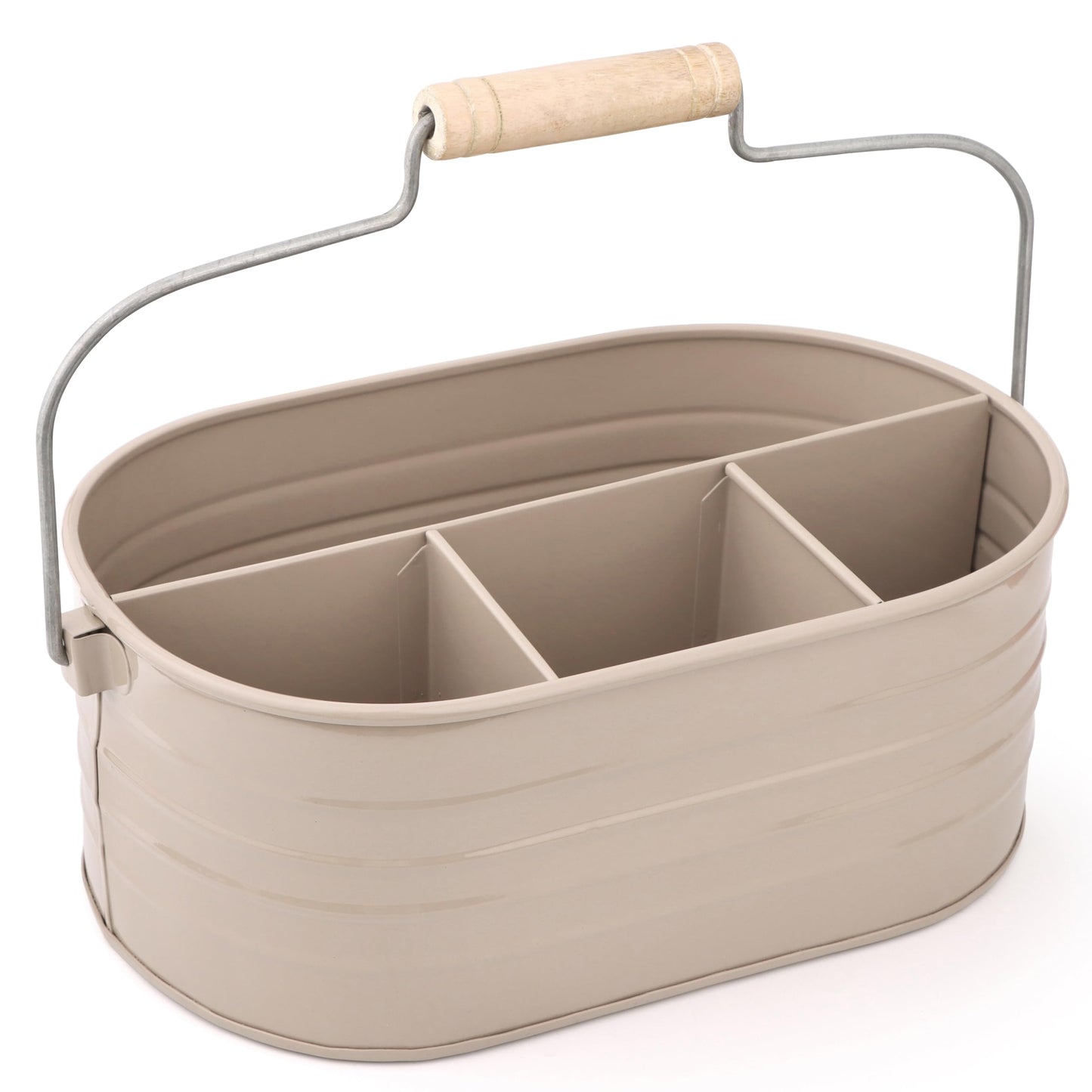 Alpha Living Home Multi-Functional Utensil Caddy – 4-Compartment Organizer for Kitchen, Party & Office – Durable Beige Powder-Coated Iron Alloy with Wooden Handle