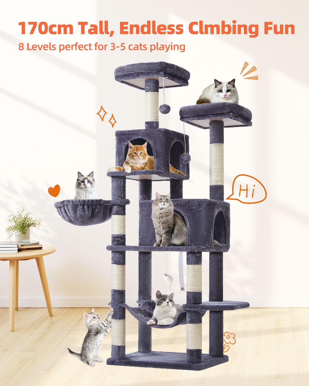 Taoqimiao Cat Tree, 66.2-Inch Cat Tower for Indoor Cats, Plush Multi-Level Cat Condo with 7 Scratching Posts, 2 Perches, 2 Caves, Hammock, 2 Pompoms, Smoky Gray MS013G