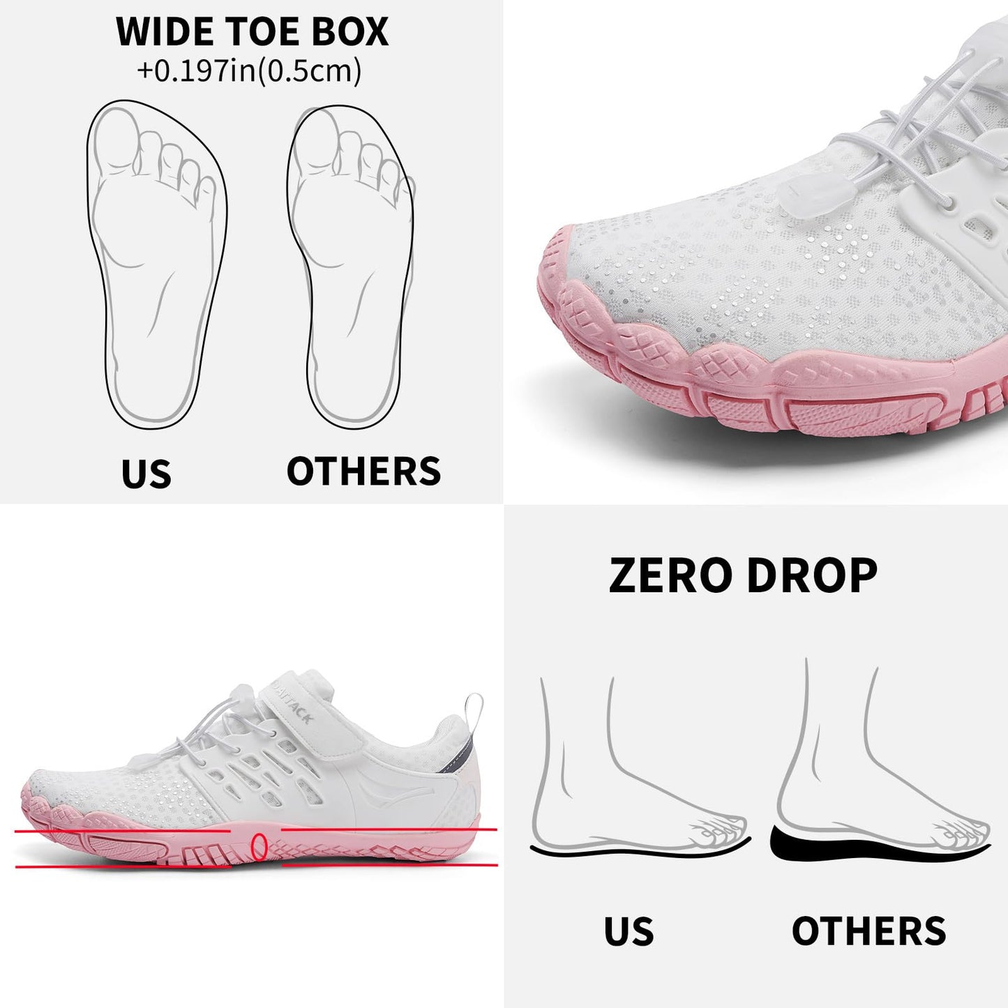 Grand Attack Barefoot Shoes Women,Wide Toe Box Minimalist Zero Drop Walking Shoes Lightweight Cross Training Trail Running Wrestling Weightlifting Fitness Gym Sneakers White Pink Size 8.5