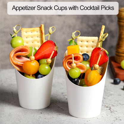 60 Sets Disposable Charcuterie Cups with Sticks and Bags, 14 oz White Kraft Paper Snack Boxes Appetizers Cup French Fry Holder with Cocktail Skewers Toothpicks Tooth Picks(60 Cups+60 Bags+200 Sticks)