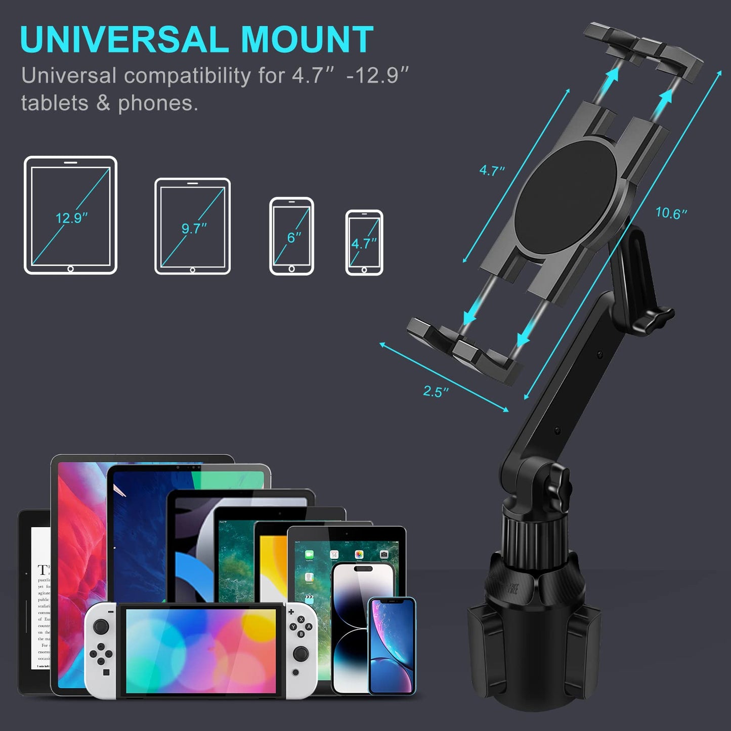 Cup Holder Car Tablet Mount for Truck, 360° Adjustable 15" Long 2-Arm Stand Holder for iPad Pro 12.9/11/10.5/9.7/Air/Mini 6/5/4, Samsung Galaxy Tab/Z Fold 6/5/4, iPhone 16/15/Pro, 4.7-12.9" Tab &Phone