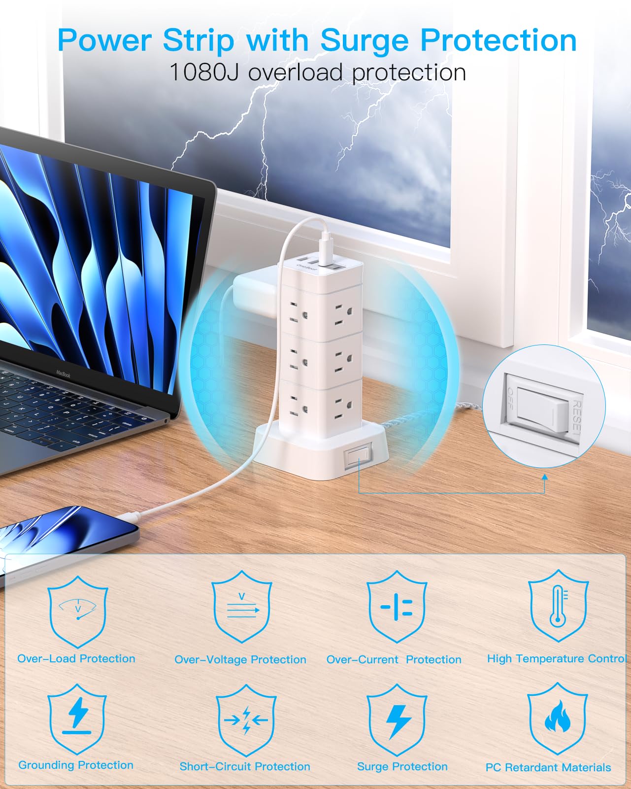 Surge Protector Power Strip Tower, 12 Outlets 4 USB (2 USB C) Desktop Charging Station for Multiple Devices, 6Ft Flat Plug Extension Cord with Multiple Outlets, Home Office College Dorm Essentials