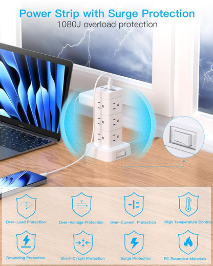 Surge Protector Power Strip Tower, 12 Outlets 4 USB (2 USB C) Desktop Charging Station for Multiple Devices, 6Ft Flat Plug Extension Cord with Multiple Outlets, Home Office College Dorm Essentials