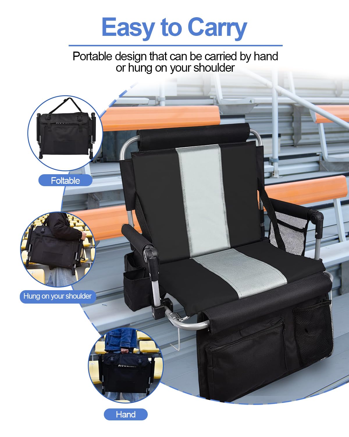 AOOXIMI Stadium Seat with Back Support, Portable Fording Bleacher Chair with Cushion and Armrest, Cup Holder, Mesh Bag and Hidden Hook, Football, Soccer